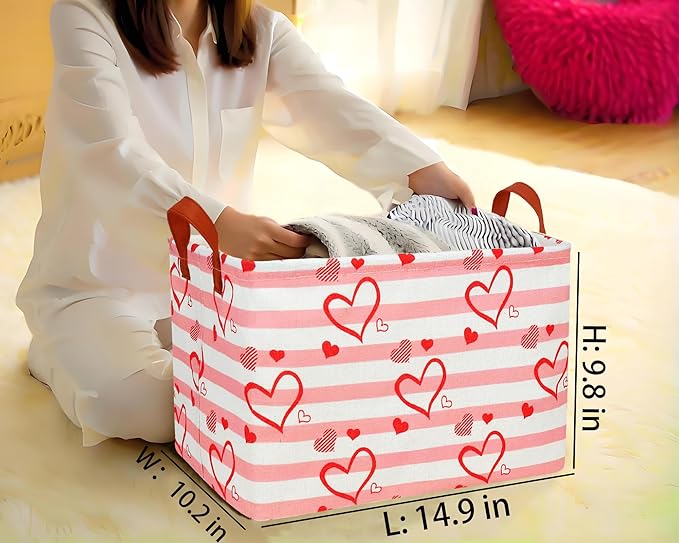 Large Valentine's Day Basket Heart Shaped Storage Bin for Gifts Collapsible Organizer Room Decor (Pink Horizontal Bar Love)
