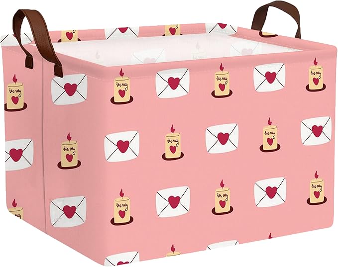 Large Valentine's Day Basket Heart Shaped Storage Bin for Gifts Collapsible Organizer Room Decor (Pink Candle Envelope Love)