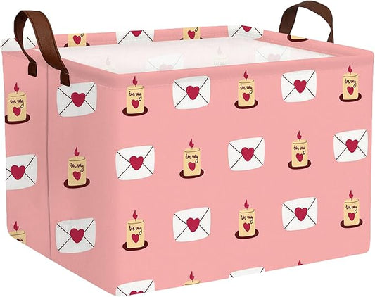 Large Valentine's Day Basket Heart Shaped Storage Bin for Gifts Collapsible Organizer Room Decor (Pink Candle Envelope Love)