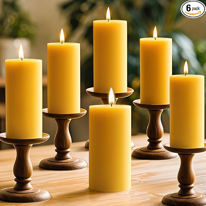 6 Pack Beeswax Candles, 210 Hours Burning Unscented Beeswax Pillar Candles for Christmas Decor, Pure Natural Organic Bees Wax Pillar Candle for Emergency Home Prayer, Dripless & Smokeless (2x4in)