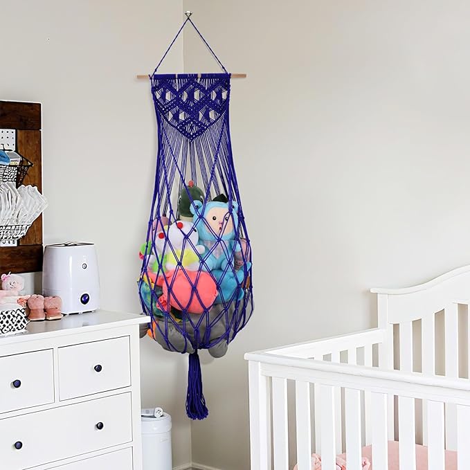 Stuffed Animal Hammock w/LED Star Light, 63 Inch Jumbo Toy Hammock Wall Hanging Plushie Net Holder for Boho Nursery Teddy Decor, Navy Blue Stuffed Animal Storage Organizer for Kid Girls Boys Gift