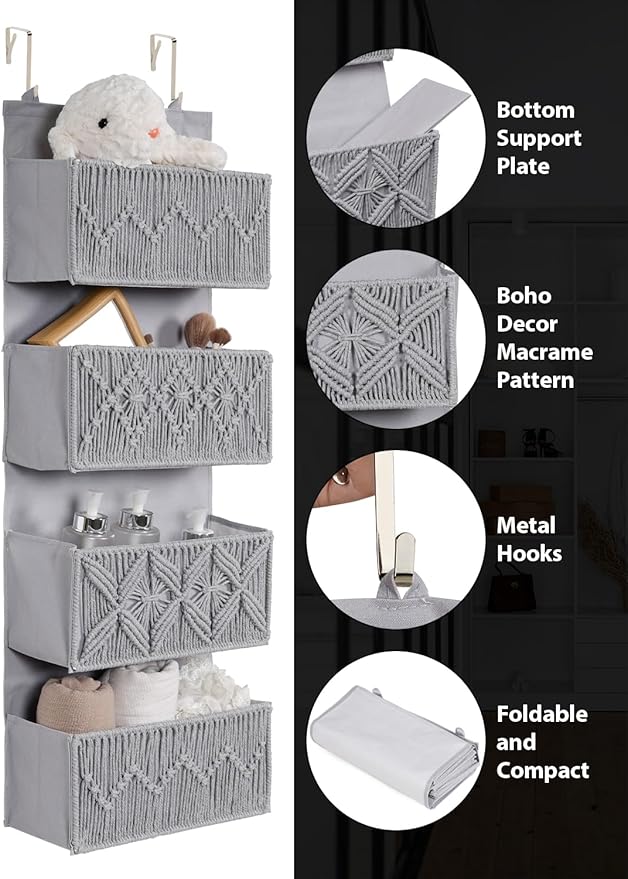Macrame Over the Door Organizer Boho Decor Nursery Storage, Leaf Weaving Closet Storage, 4 Hanging Pockets, Behind Door for Bathroom, Bedroom,Grey