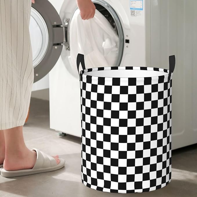 Laundry Basket Black White Checkered Decor,Waterproof Laundry Hamper Race Car Room decor Collapsible Laundry Baskets With Handles,Toy/Clothes Storage Basket For Home Bedroom Bathroom Decor