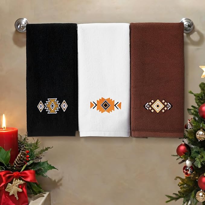 3 Pcs Western Aztec Hand Towels Southwestern Bathroom Decor Southwest Sunset Embroidered Rustic Boho Decorative Towels for Bathroom Kitchen Decor, 100% Cotton, 13.3 x 29.5''