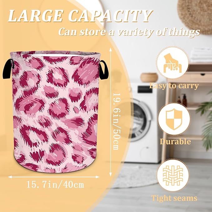 Pink Leopard Print Laundry Basket, Animal Skin Laundry Hamper Foldable Waterproof Oxford Cloth Funny Tote Bag Dirty Clothes Storage Bucket Toy Organizer for Bathroom/Laundry/Bedroom 15.7"x19.6"