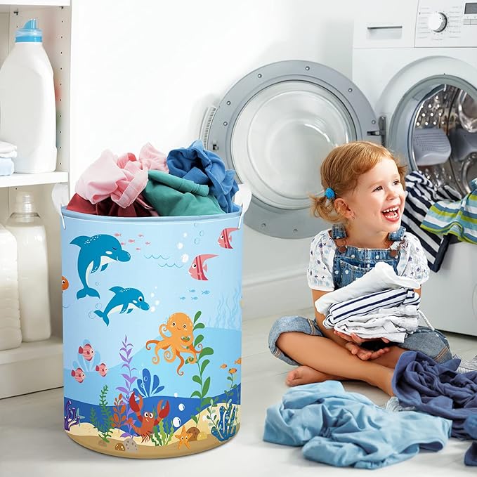 Clastyle Marine Animals Bubbles Kid Laundry Basket with Lid Foldable Sea Shark Dirty Clothes Hamper Round Toy Clothes Pool Beach Towel Basket, Blue Dolphin, 36 * 45 cm