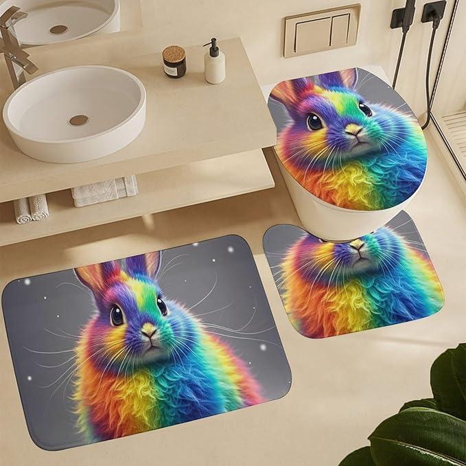 4 Piece Bathroom Rug Set with Shower Curtain, Non-Slip Bath Mat Toilet Cover Set, Rainbow Rabbit Bathroom Rug Sets