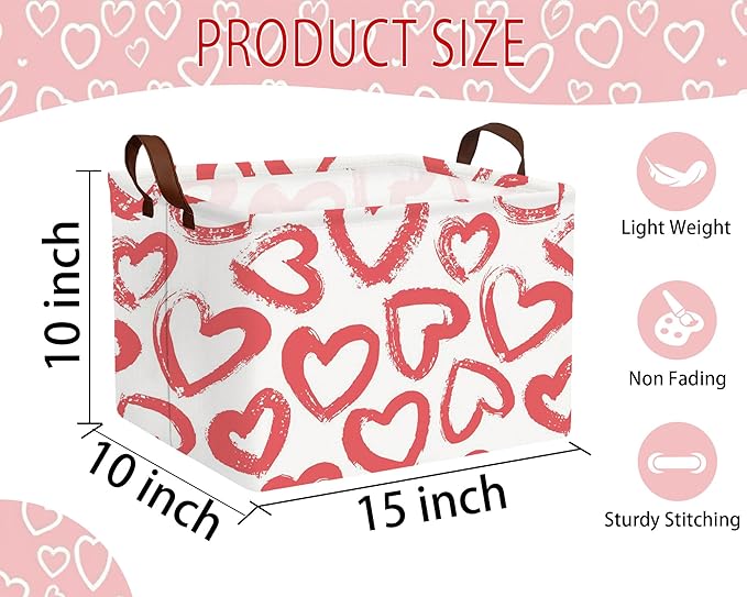 Large Valentine's Day Basket Heart Shaped Storage Bin for Gifts Collapsible Organizer Room Decor (Red Big Love)
