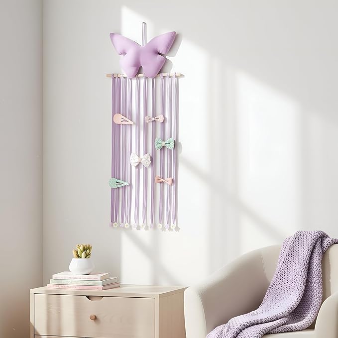 Long Bow Holder for Girls Baby Pink Purple Butterfly Hair Bows Clip Organizer 31.5 Inch Baby Hair Accessories Storage Display Hanging Decor for Girls Nursery Room Bedroom Living Room