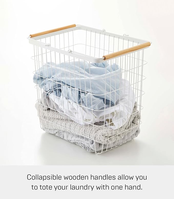 Yamazaki Home Tosca Laundry Basket - Laundry Basket With Wooden Handles - Large, 15" - Steel + Wood - 8.7 Gallons, 33 Liters