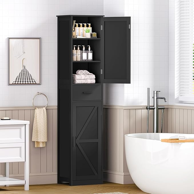 WEENFON Tall Bathroom Cabinet, Storage Cabinet with 6 Shelves & Drawer, Bathroom Storage Cabinet with Adjustable Shelves, Tall Cabinet for Living Room, Home Office, Black
