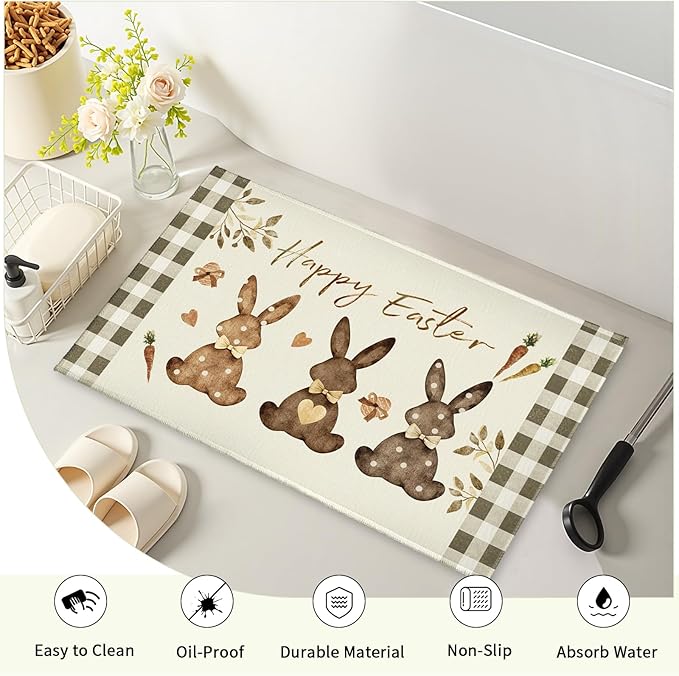 Happy Easter Bathroom Rug for Bathtub Brown Bunny Eggs Carrots Bathroom Mats Buffalo Plaid Decorative Non-Slip Absorbent Bath Rugs 32"x20" for Dooway Kitchen Sink Bedside Shower Room