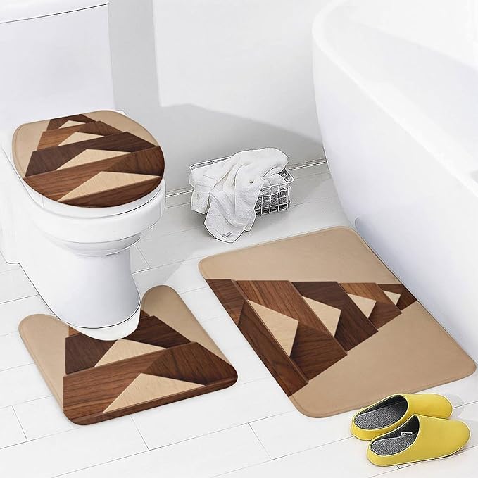 4 Piece Bathroom Rug Set with Shower Curtain, Non-Slip Bath Mat Toilet Cover Set, Overlappings Bathroom Rug Sets