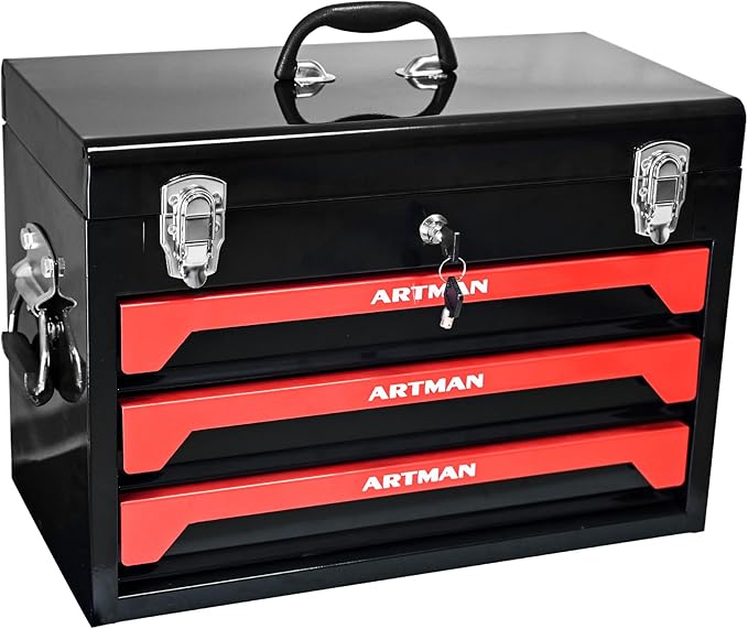 20" Portable 3 Drawer Steel Toolbox,Built in Tool Set,4 Layers of Tools with Metal Latches, with Top Storage Tray and carrying Handle, Multi-Function Tool Storage for Garage, Home,or Workbench