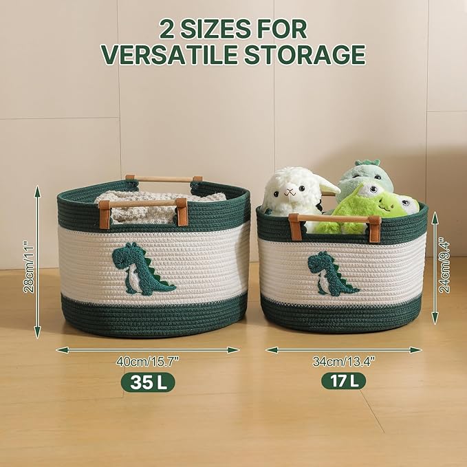 Cotton Rope Baskets for Kids Stuffed Animal Toys Storage for Nursery, Baby Baskets for Gifts Empty, Woven Basket with Wooden Handles Blanket Towel Toy 0rganizer Kids Blanket Storage Bins ( Dinosaur ）