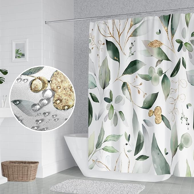Abstract Eucalyptus Leaves Shower Curtains Sage Green Gold Branches Leaf Nature for Bathroom Farmhouse Style Home Decor Waterproof Polyester Fabric Shower Curtain with Hooks, 65x72 Inch