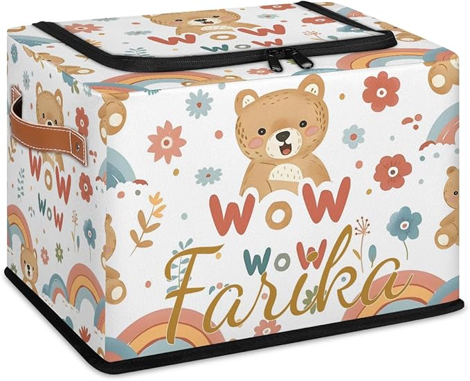 Custom Cute Bear Storage-Bin With Zipper Lid for Kids-Girls-Boys-Baby-Pet,Personalized Name Foldable Storage Box with Handle,Baby Basket With Label for Bedroom Nursery Toy Clothes,White