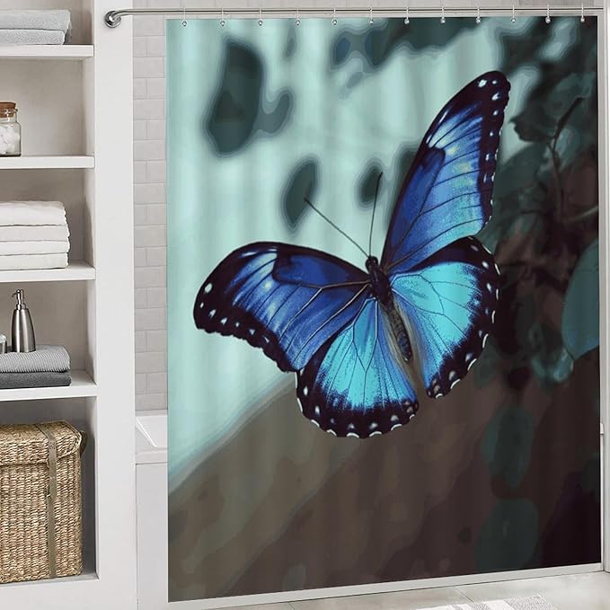 4 Piece Bathroom Rug Set with Shower Curtain, Non-Slip Bath Mat Toilet Cover Set, Blue Butterfly Bathroom Rug Sets