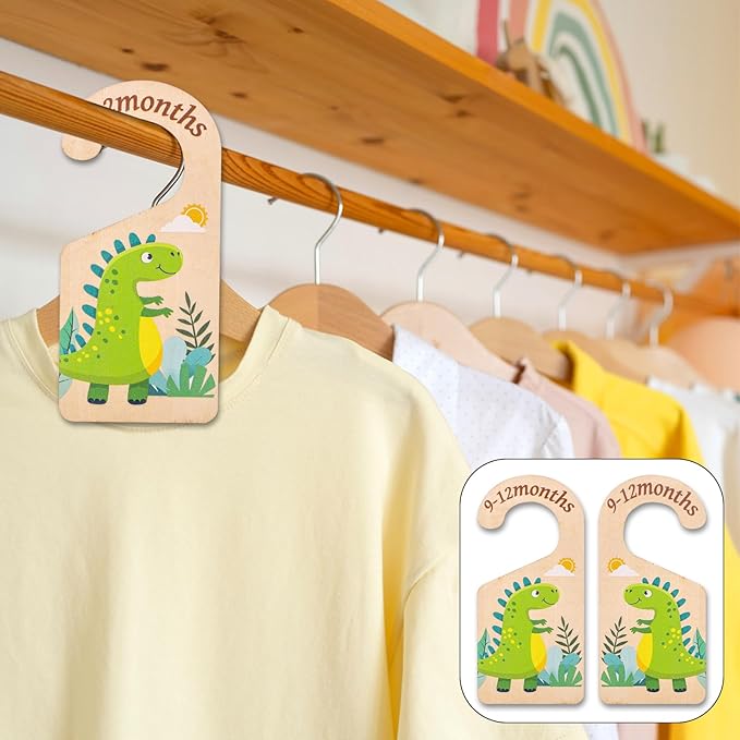 8pcs Baby Closet Dividers, Wooden Dinosaur Theme Baby Closet Size Dividers Baby Closet Organizer Baby Clothing Hanger Dividers from Newborn to Toddler for Baby Girls Boys