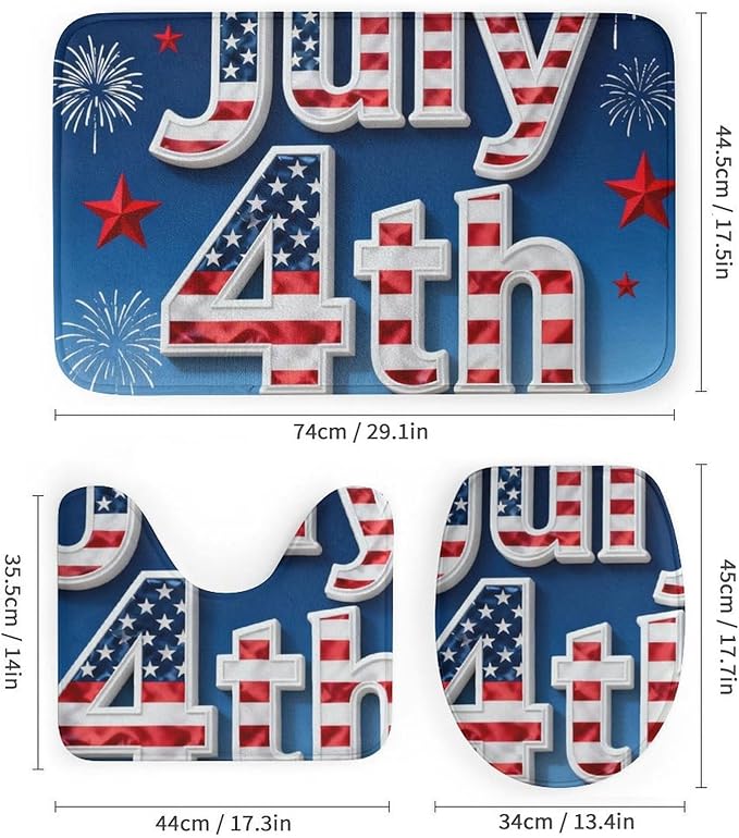 4 Piece Bathroom Rug Set with Shower Curtain, Non-Slip Bath Mat Toilet Cover Set, Independence Day Bathroom Rug Sets
