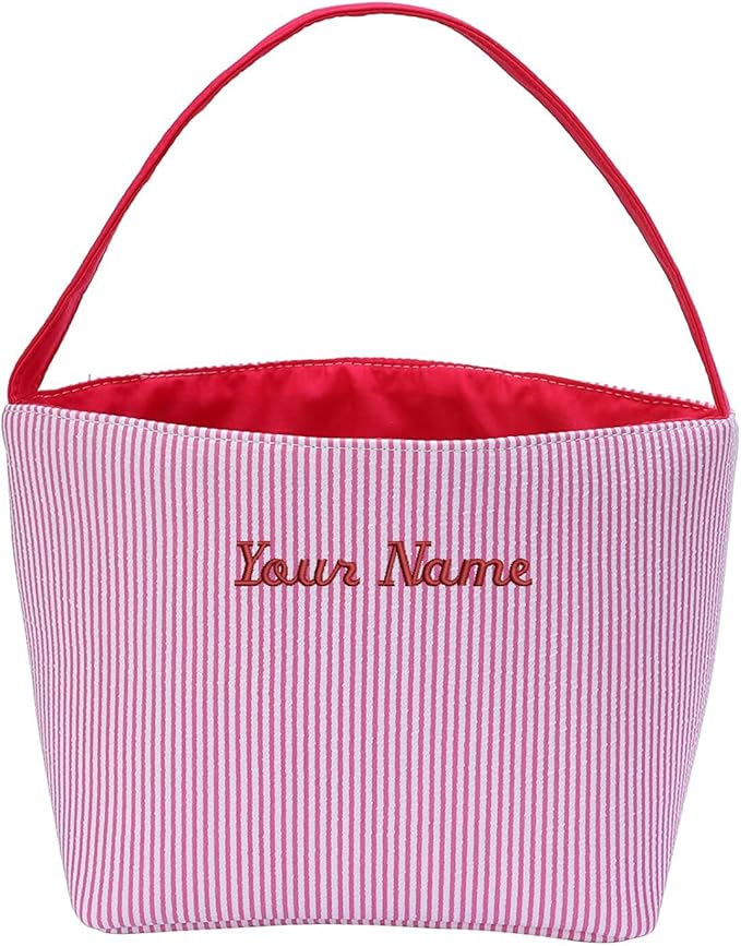 Custom Embroidered Easter Baskets - Personalized Seersucker Bunny Tote Bag for Kids, Boys & Girls - Perfect for Candy & Gifts
