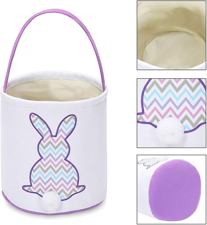 MONOBLANKS Easter Bunny Basket Bags, Rabbit Bucket Tote for Easter Egg Hunts Decorations Candy Gifts Storage (Purple(wave))
