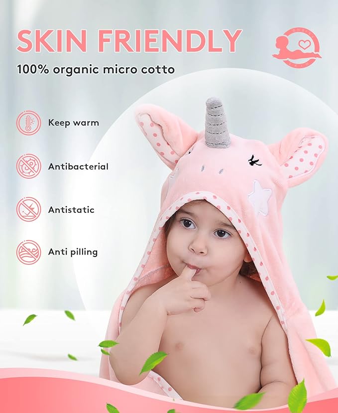 Hooded Towel for Kids 100% Cotton Ultra Soft with Unique Animal Design Large for Infants 3-10 Years (Unicorn)
