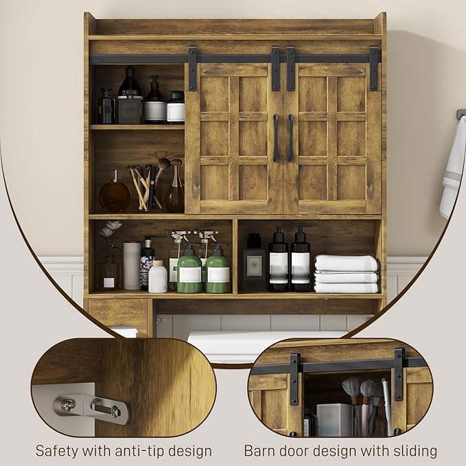 Over The Toilet Storage Cabinet, Farmhouse Storage Cabinet Over Toilet with Sliding Doors，Home Space-Saving Toilet Rack, for Bathroom, Restroom, Laundry(Brown