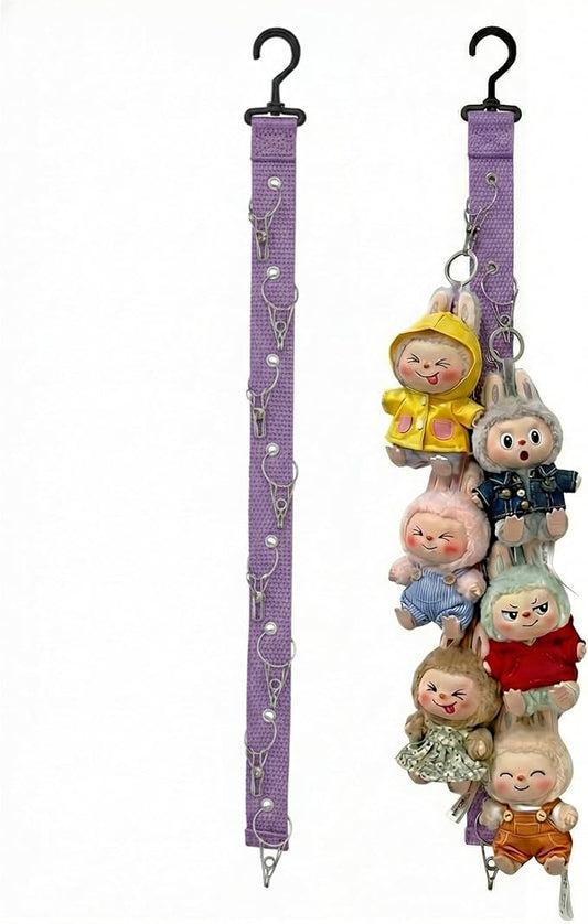 Plush Doll Hanging Storage Rope Display Rack with 8 Clips – Wall Hanging Organizer for Keychain Plushies, Mini Toys– Holds up to 3kg (Purple)