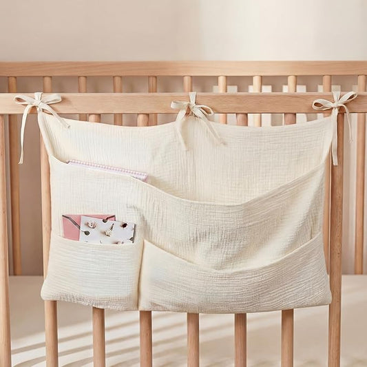 Cotton Baby Bedside Hanging Storage Bag 6 Pockets Bedside Caddy Organizer for Baby Cribs and Toys Milk Bottle Nursery Hanging Organizers, Beige