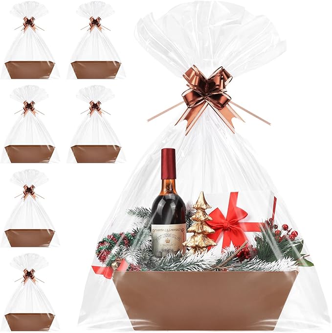 6PACK Baskets for Gifts Empty, 10x12”Thick Brown Gift Basket with Handles 6 Bows 6 Bags Empty Gift Baskets for Christmas Thanksgiving Wedding Birthday Party Wrapping Gift