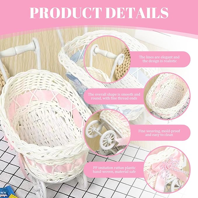 Wicker Baby Carriage, Vintage Baby Carriage Decor, Plastic Candy Basket for Birthday Party Favors/ 9.5x5.5x6.7 Inch