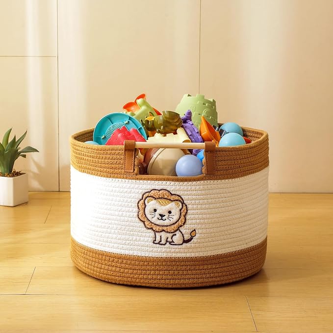 Cotton Rope Baskets for Kids Stuffed Toys Storage for Babies and Toddlers Nursery, Baby Baskets for Gifts Empty, Woven Basket with Wooden Handles Blanket Towel Toy 0rganizer Boys Room Storage Bins