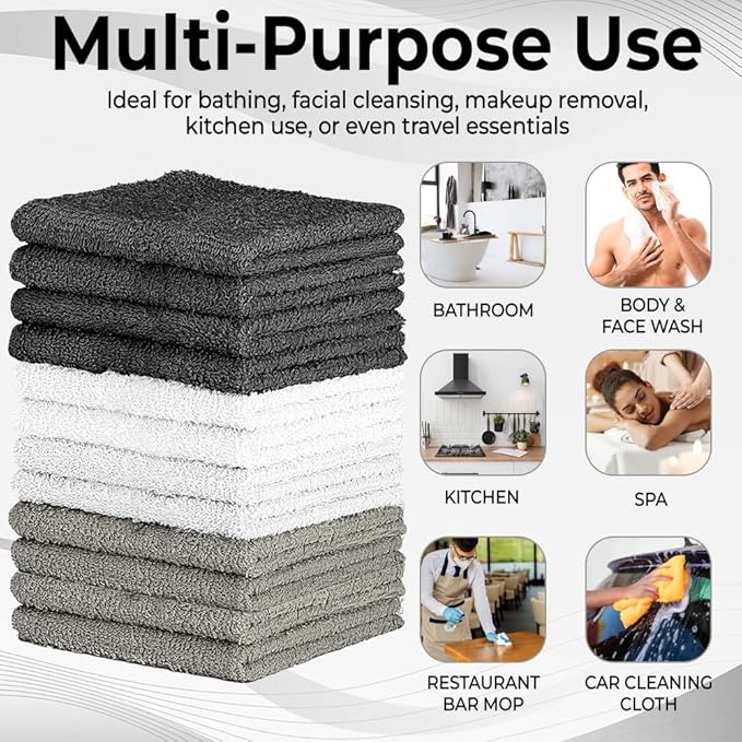 100% Cotton Washcloth Set – Soft, Absorbent Face Towels for Bathroom & Gym Use –Reusable, Durable & Machine Washable - Dark Grey, White & Light Grey, 12x12 Inches, Pack of 12
