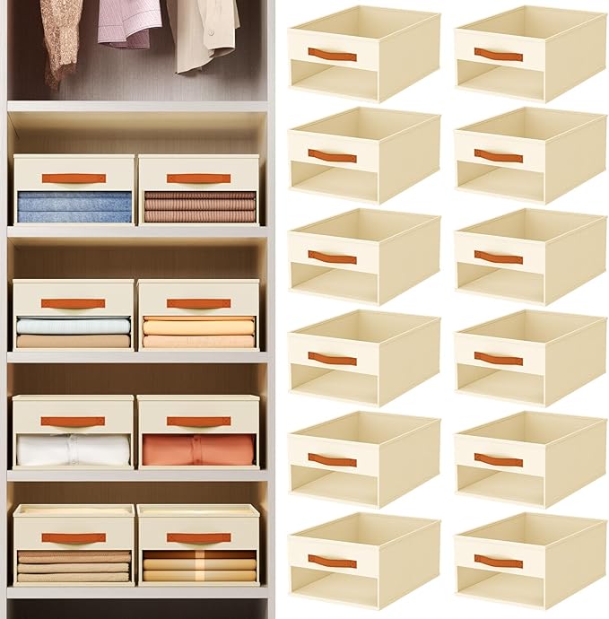 Closet Organizers and Storage - 12 Pack Storage Bins Baskets for Organization Foldable Closet Organizer with Clear Window & Handles for Clothes, Toys, Towels, Small Essentials (Beige)