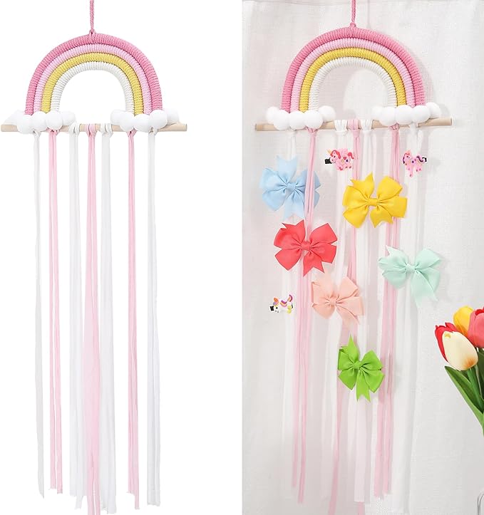 THJ Bow Holder Hanging Hair Bow Organizer Hair Clips Storage for Girls Hair Bows,Boho Rainbow Wall Hair Clips Headband Storage Hanger for Baby Toddler Girls Room Colorfull