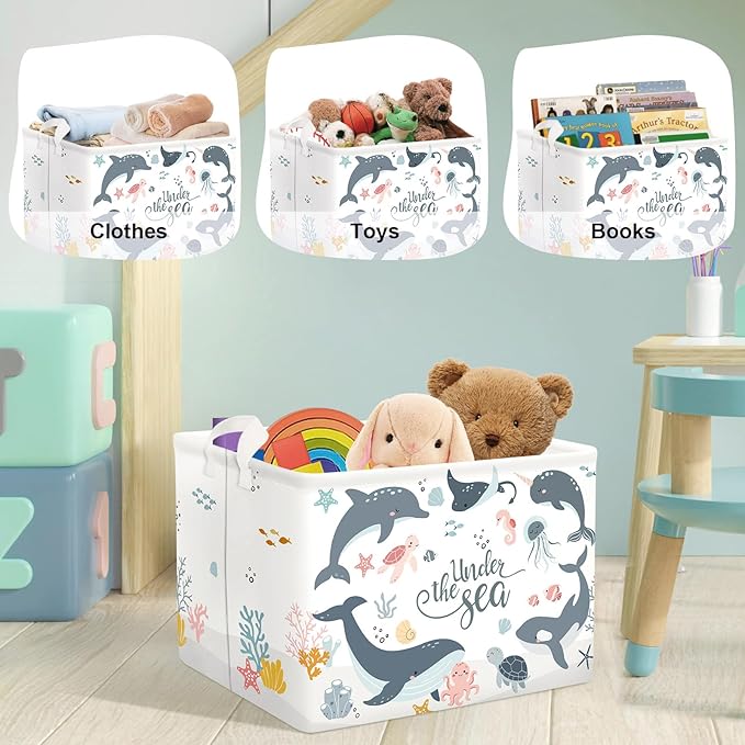 Sea Animals Laundry Hamper Ocean Fish Coral Large Storage Basket Parents Organizer Kids Clothes Toy Bins for Bedroom, Bathroom, Blue Dolphins, 36L