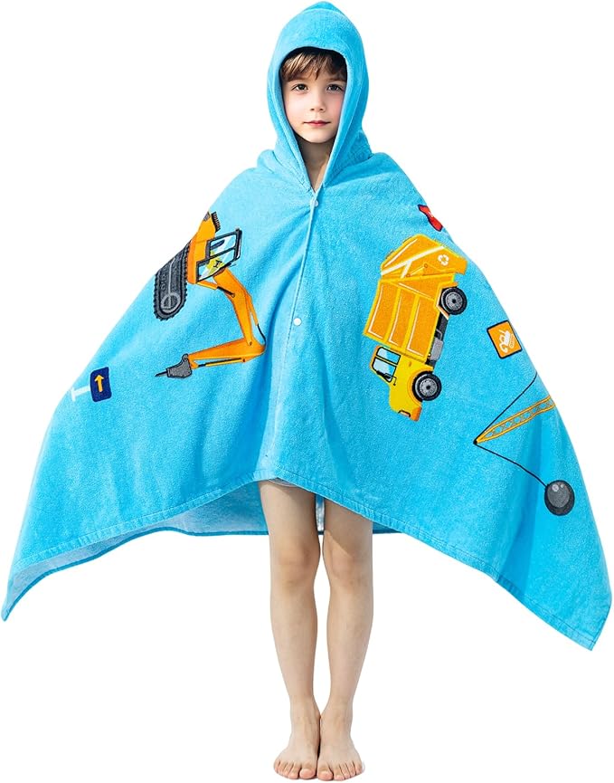 Gealaek 100% Cotton Hooded Towel for Toddlers 5-12 Years Boys Girls 60"x30" Extra Large Wearable Wrap Kids Bath Pool Beach Towel Soft Absorbent Beach Poncho(Construction Site XL)