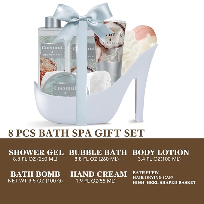 Spa Luxetique Valentines Day Gifts for Women High Heel Gift Set for Women 8pcs Spa Gifts for Womens Tropical Coconut Escape Birthday Gifts for Womens Wife Girlfriend Friend