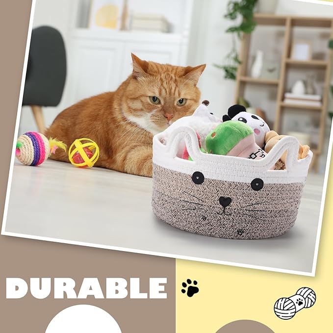 Zopeal Cat Basket Storage Woven Organizer with Ears Christmas Decorative Pet Toy Cute Cotton Rope Basket for Gift Cat Dog Toy Bin Nursery Room(8.3 x 4.7 Inch,Gradient Khaki)