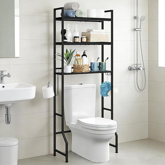 Over The Toilet Storage Over Toilet Rack Bathroom Organizer 3 Tier Toilet Shelf with 4 Hooks and Toilet Paper Holder Freestanding Bathroom Stand Over Toilet Save Space, Black