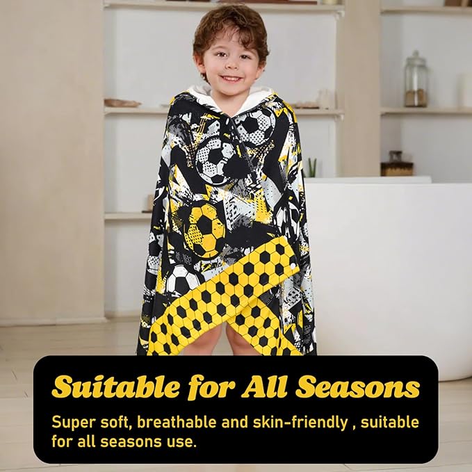 Hooded Towels for Kids Soccer 60" x 35" Toddler Bath Beach Towel Poncho with Hood Super Soft and Absorbent 100% Microfiber for Boys Ages 5-12