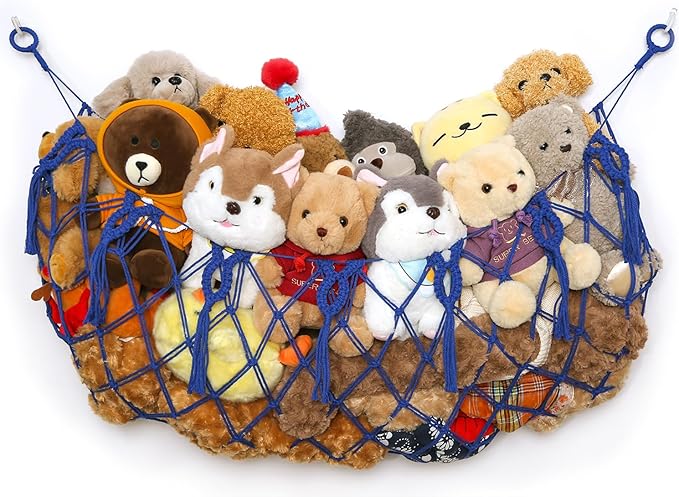 Stuffed Animal Net or Hammock Wall Macrame Toy Display Plush Toy Holder Ceiling Hanging Net for Stuffed Animal Storage (Blue, 49" W)