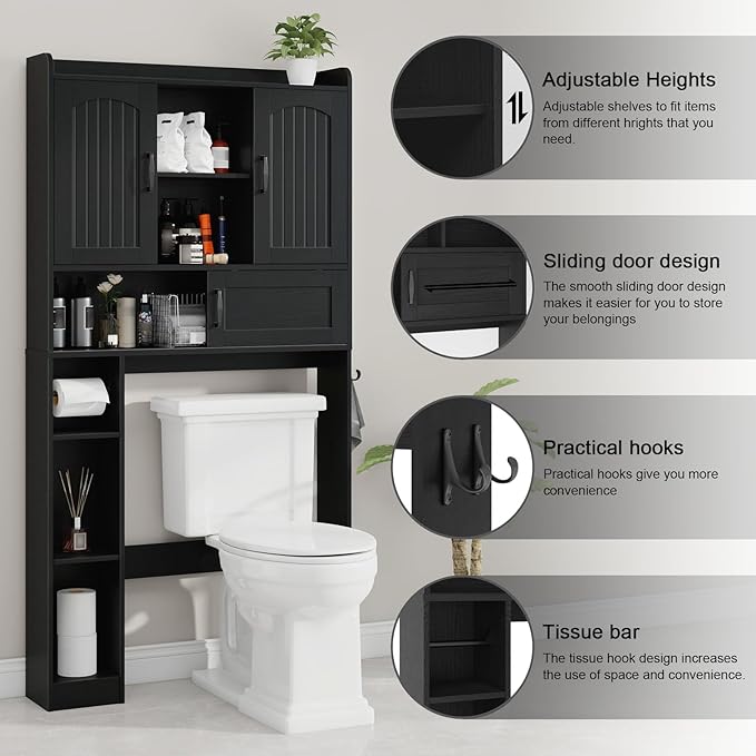 Vabches Farmhouse Over The Toilet Storage Cabinet with 2 Barn Doors & Sliding Door, Over The Toilet Bathroom Organizer with Open Storage Layer and Adjustable Shelves & Hooks.Black