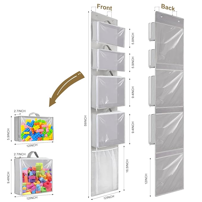 Over Door Organizer and Storage, Hanging Toy Holder with 4 Clear Removable Pouches, Toddler Room Wall Stuffed Animal Bag Case, Kids Playroom Closet Organization for Building Block, Puzzle