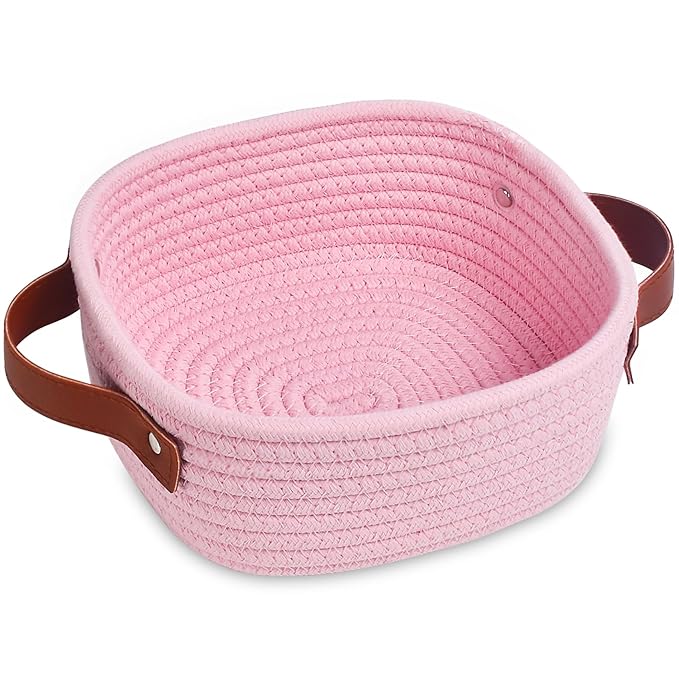 ABenkle Small Storage Basket, Mini Baskets, Cute Rope Woven Baskets for Organizing, Square Shelf Storage with Handle, Boho Decorative Toy Bin for Nursery, Spa, Empty Gift Basket - XS, Pink
