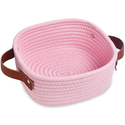 ABenkle Small Storage Basket, Mini Baskets, Cute Rope Woven Baskets for Organizing, Square Shelf Storage with Handle, Boho Decorative Toy Bin for Nursery, Spa, Empty Gift Basket - XS, Pink
