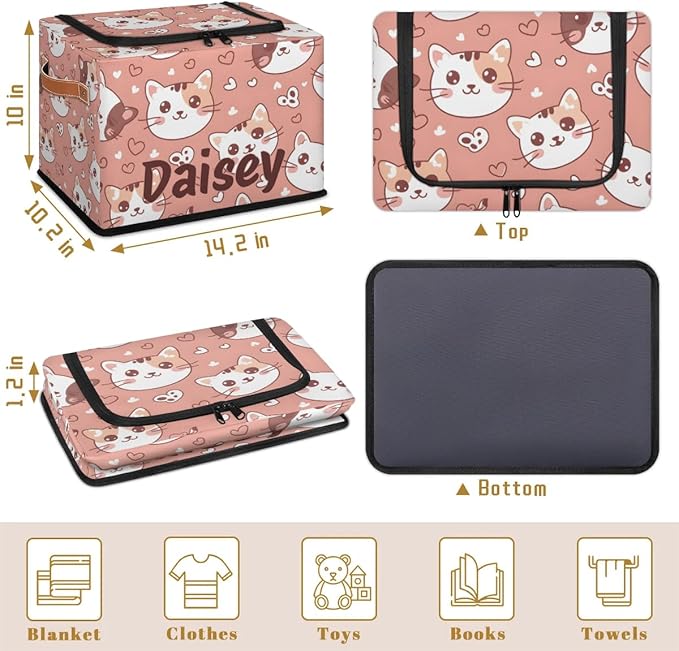 Custom Cute Cats Storage-Bin With Zipper Lid for Kids-Girls-Boys-Baby-Pet,Personalized Name Foldable Storage Box with Handle,Baby Basket With Label for Bedroom Nursery Toy Clothes,Pink