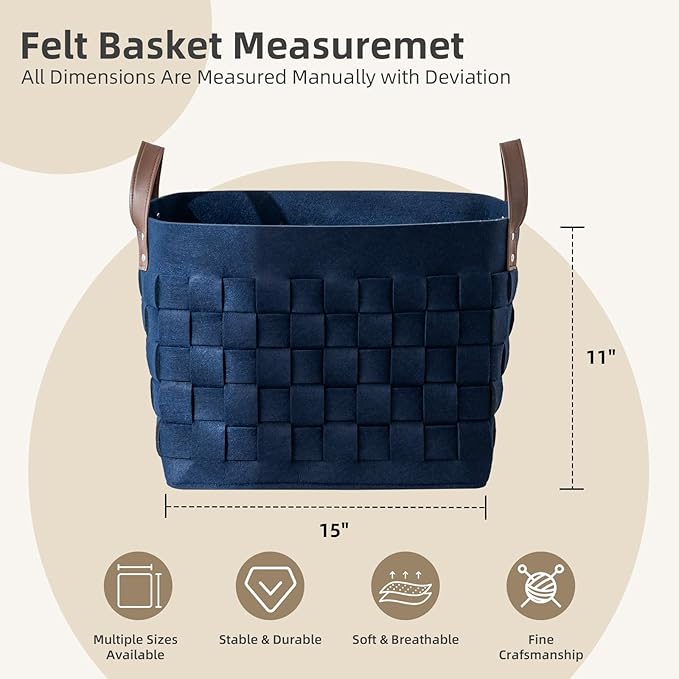 BOLDMONKEY Blankets Baskets 15" x13 " x11 " 2 Pack, Large Rectangular Toys Baskets with Leather Handle, Soft Baby Nursery Basket for Storage-Navy Blue