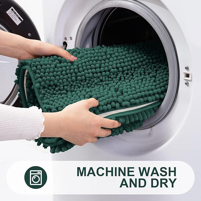 Grandaily Chenille Striped Bathroom Rugs 30x20, Extra Thick and Absorbent Bath Mats, Non-Slip Soft Plush Shaggy Shower Carpet, Machine Wash Dry, Bath Rug for Bathroom, (Medium, Blackish Green)
